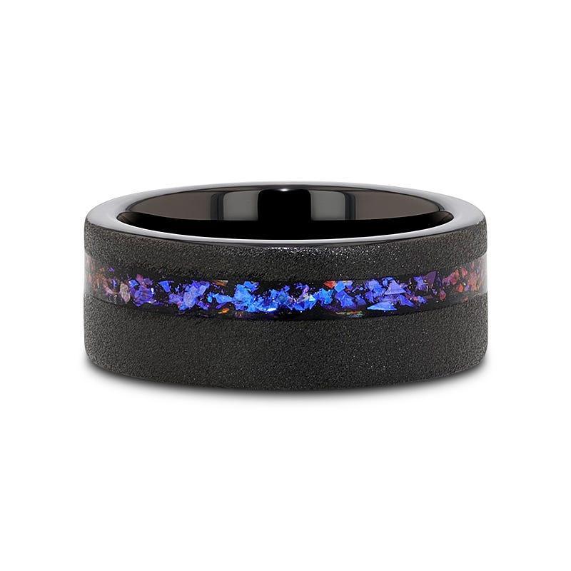 MIRAGE Sandblasted Black Tungsten Ring with Crushed Alexandrite and Dark Blue/Purple Crushed Goldstone – 8mm - Image 3