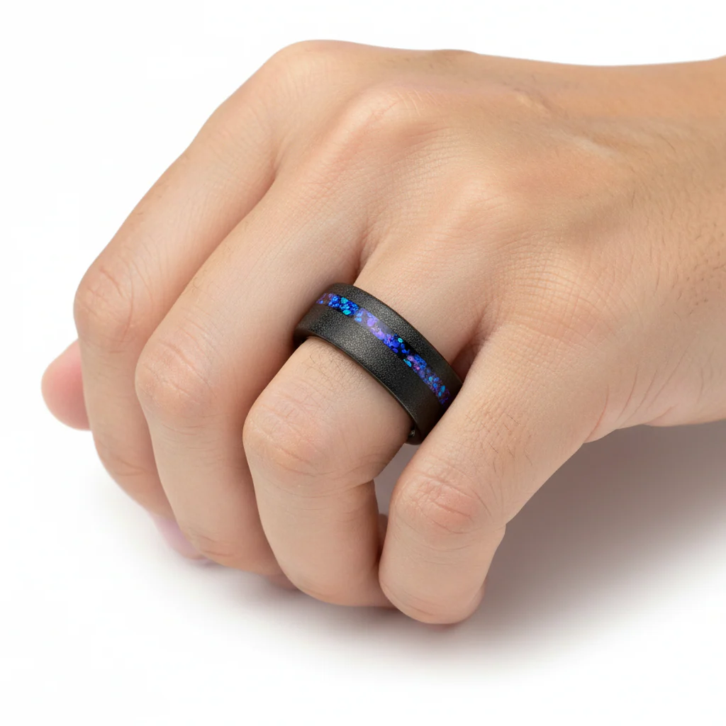 MIRAGE Sandblasted Black Tungsten Ring with Crushed Alexandrite and Dark Blue/Purple Crushed Goldstone – 8mm - Image 4
