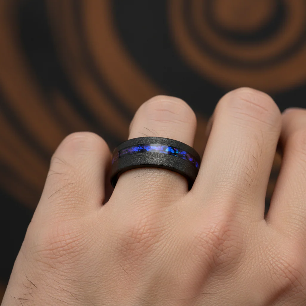 MIRAGE Sandblasted Black Tungsten Ring with Crushed Alexandrite and Dark Blue/Purple Crushed Goldstone – 8mm - Image 6