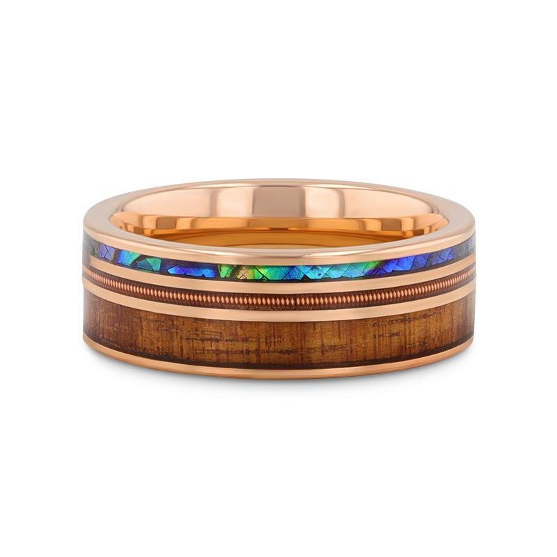 MOANA Smoked Rose Gold Tungsten Ring with Hawaiian Koa Wood, Abalone Shell & Guitar String – 8mm - Image 3