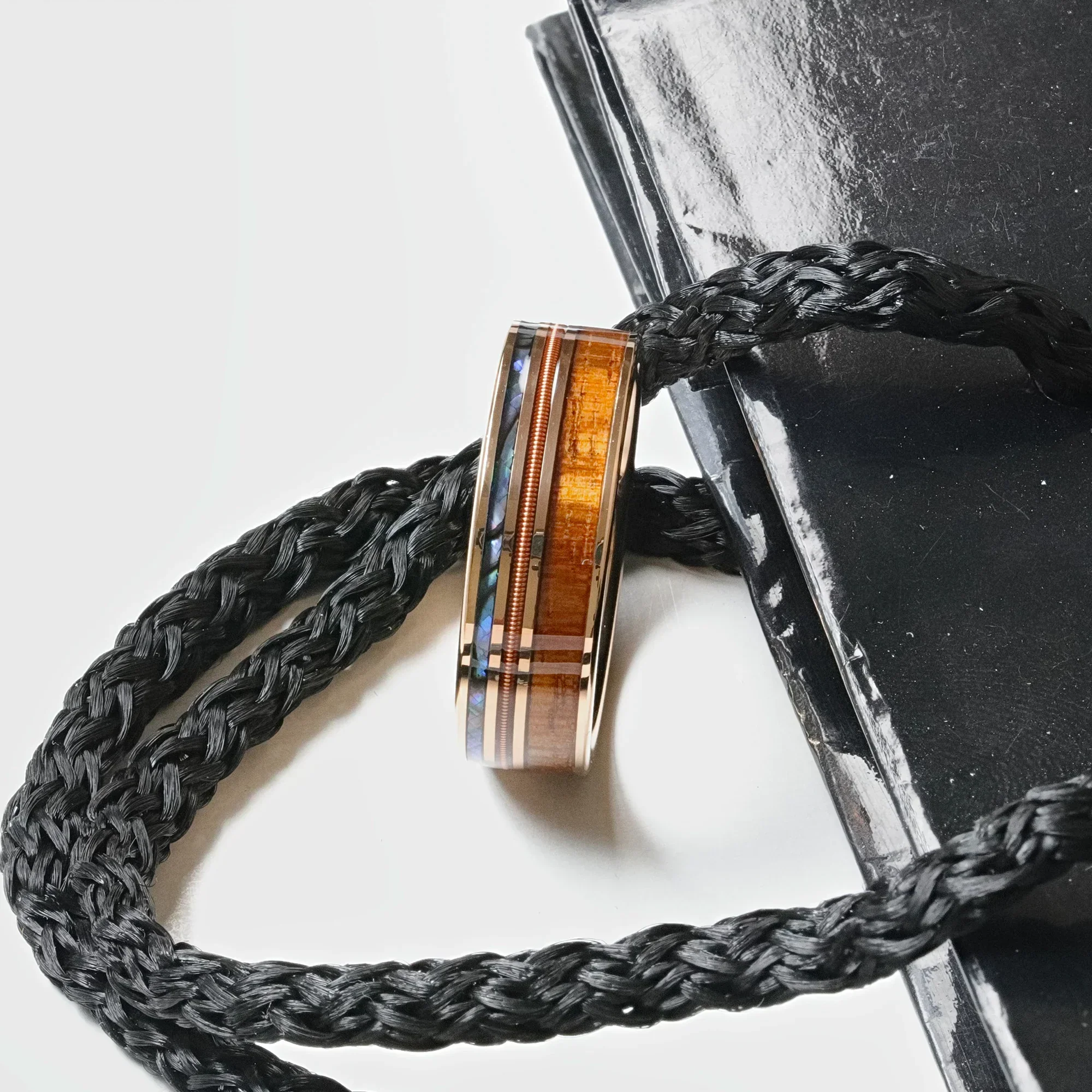 MOANA Smoked Rose Gold Tungsten Ring with Hawaiian Koa Wood, Abalone Shell & Guitar String – 8mm - Image 5