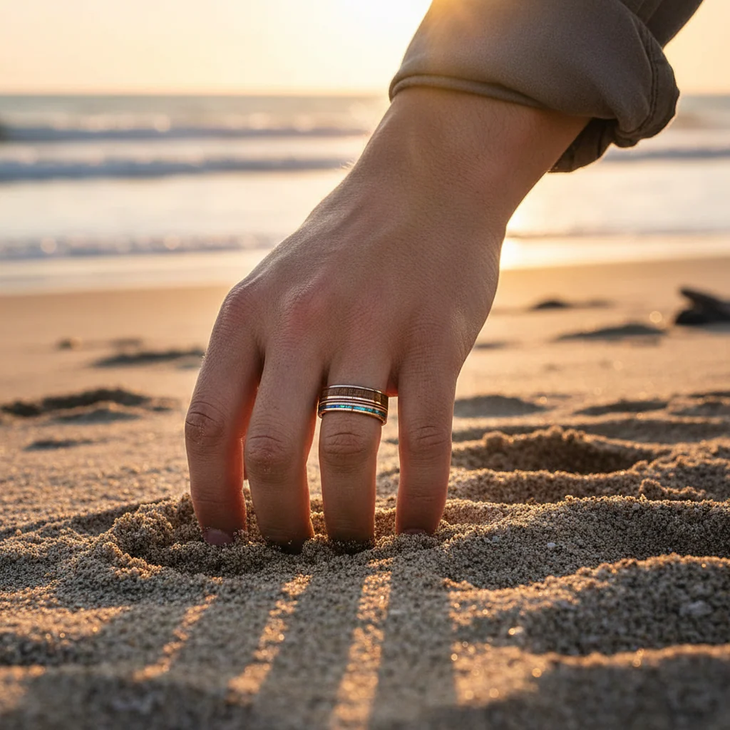 MOANA Smoked Rose Gold Tungsten Ring with Hawaiian Koa Wood, Abalone Shell & Guitar String – 8mm - Image 8