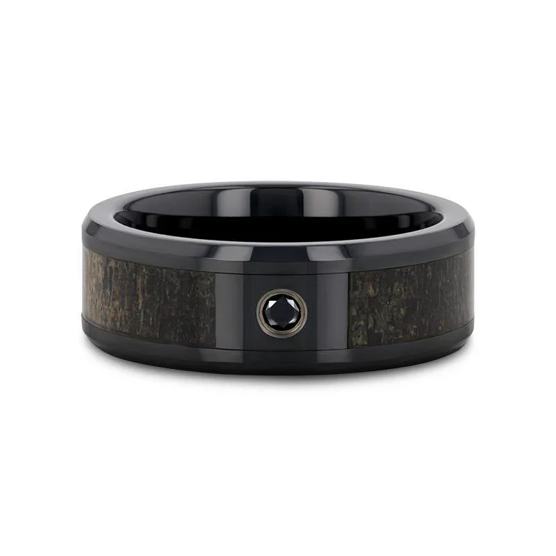 MONTANA Black Ceramic Ring with Ombre Deer Antler Inlay Polished Beveled Edges with Black Diamond - 8mm - Image 3