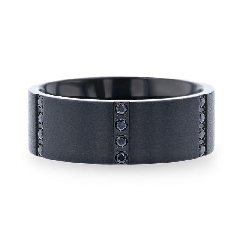 MYSTERIOUS Flat Brushed Black Titanium Men's Wedding Ring With 6 Sets of Quadruple Black Sapphires In Horizontal Channels - 8mm - Image 3