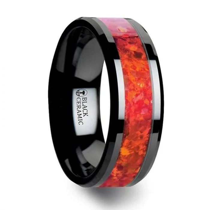 NOVA Black Ceramic Wedding Band with Beveled Edges and Red Opal Inlay - 4mm - Image 3