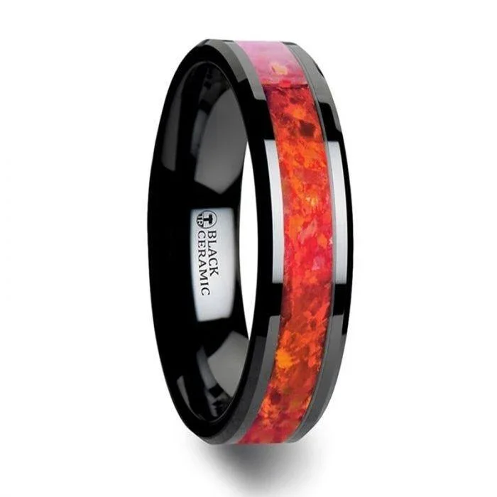 NOVA Black Ceramic Wedding Band with Beveled Edges and Red Opal Inlay - 4mm - 8mm - Image 3