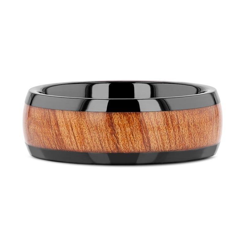 ODYSSEY Black Ceramic Wedding Band with Domed Polished Finish and Carpathian Elm Wood Inlay - 8mm - Image 3