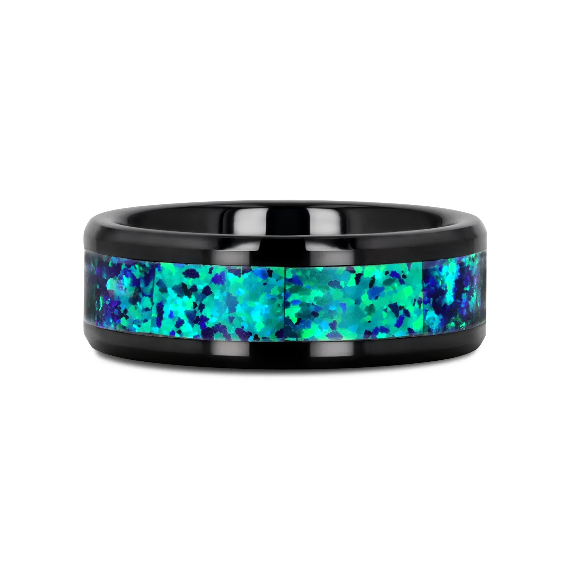 PULSAR Black Ceramic Wedding Band with Beveled Edges and Emerald Green & Sapphire Blue Color Opal Inlay - 6mm or 8 mm - Image 3