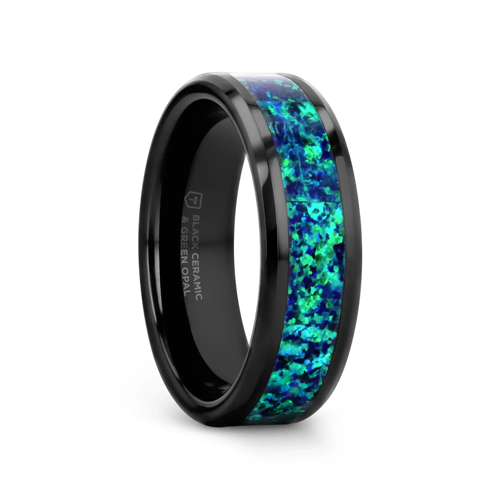 PULSAR Black Ceramic Wedding Band with Beveled Edges and Emerald Green & Sapphire Blue Color Opal Inlay - 6mm or 8 mm - Image 4