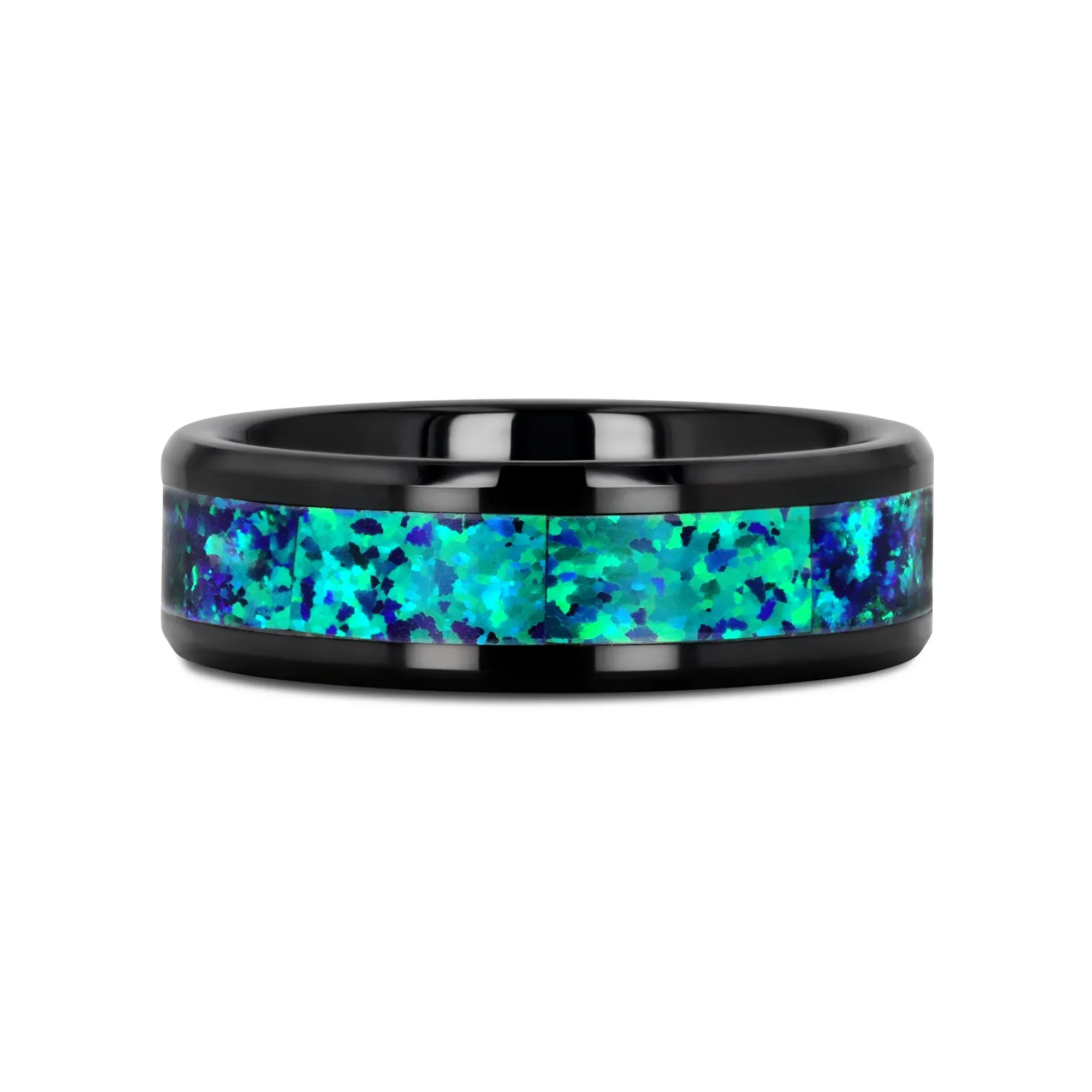 PULSAR Black Ceramic Wedding Band with Beveled Edges and Emerald Green & Sapphire Blue Color Opal Inlay - 6mm or 8 mm - Image 6