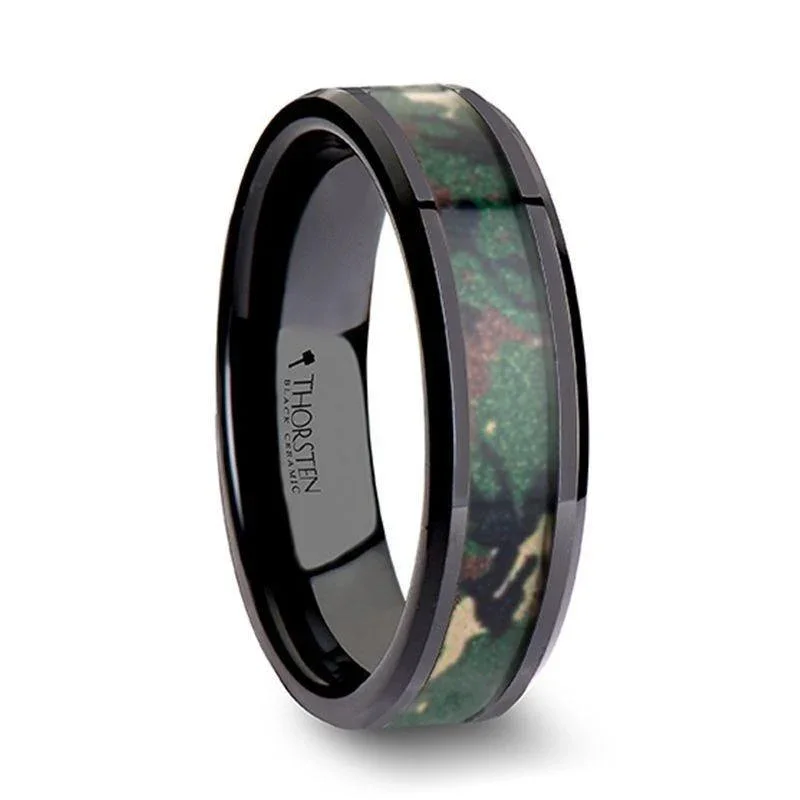 RANGER Beveled Black Ceramic Wedding Ring with Real Military Style Jungle Camo - 6mm - 10mm - Image 3