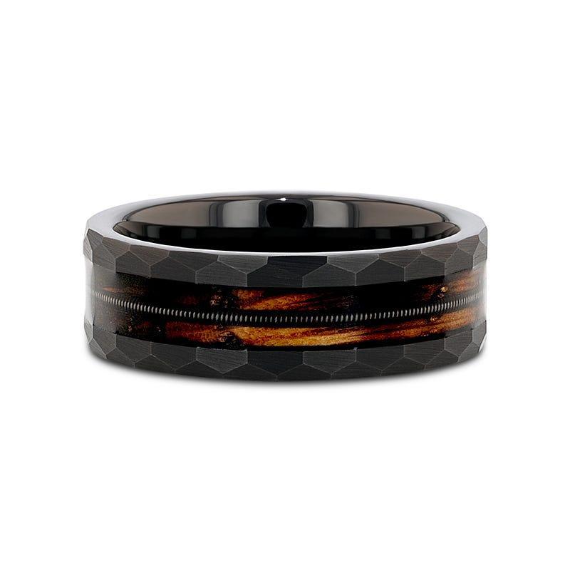 RIFF Black Tungsten Ring with Charred Whiskey Barrel Wood and Guitar String, 8mm - Image 3