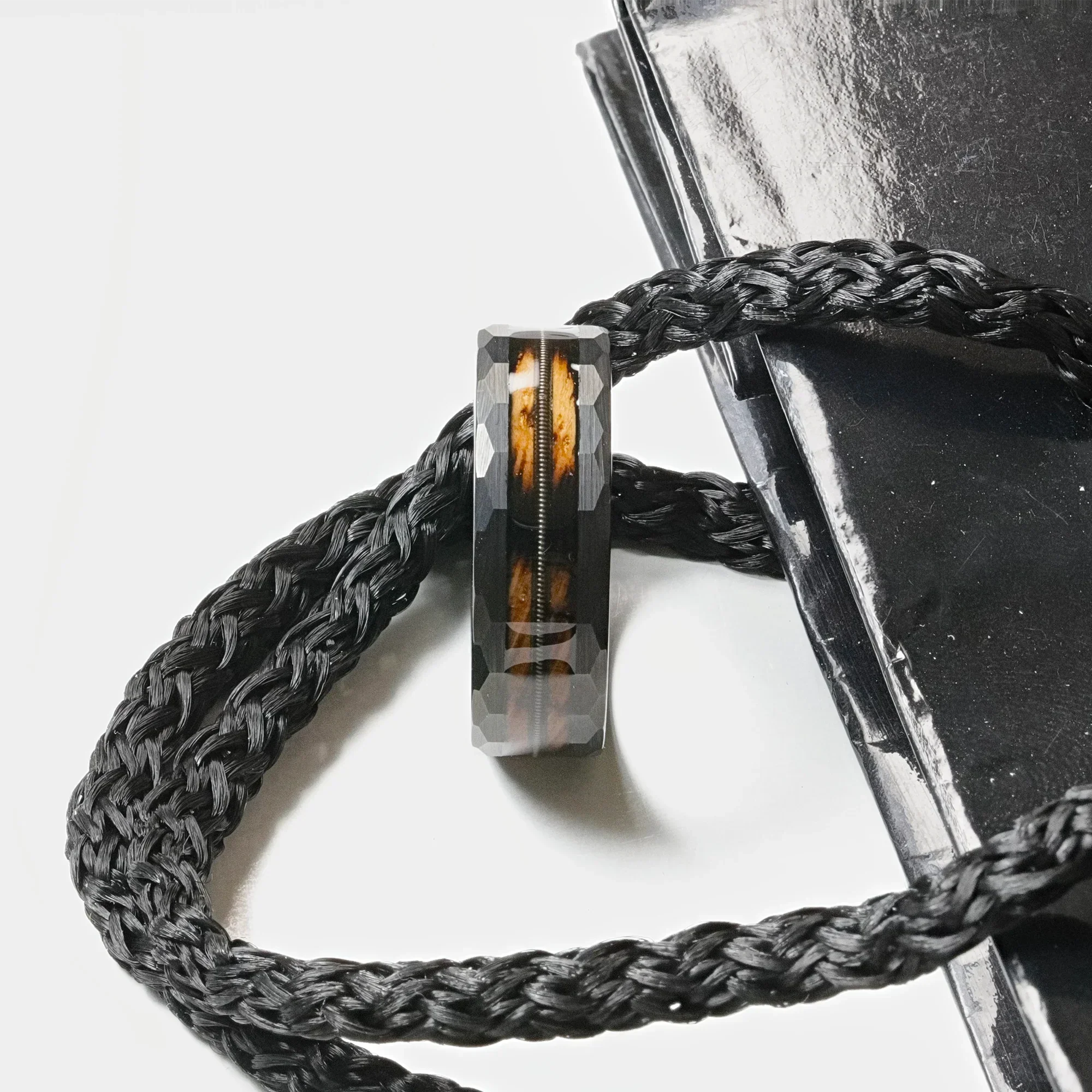 RIFF Black Tungsten Ring with Charred Whiskey Barrel Wood and Guitar String, 8mm - Image 4