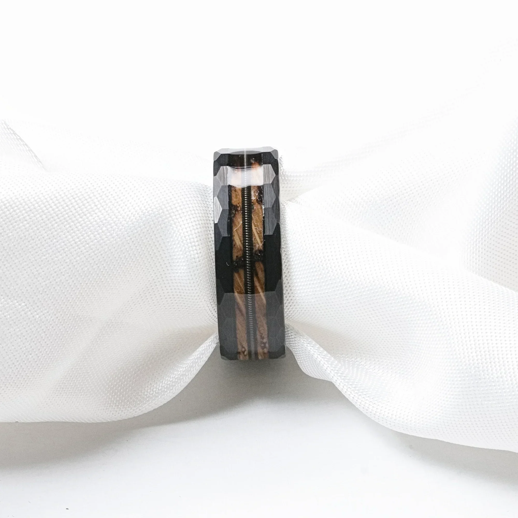 RIFF Black Tungsten Ring with Charred Whiskey Barrel Wood and Guitar String, 8mm - Image 5