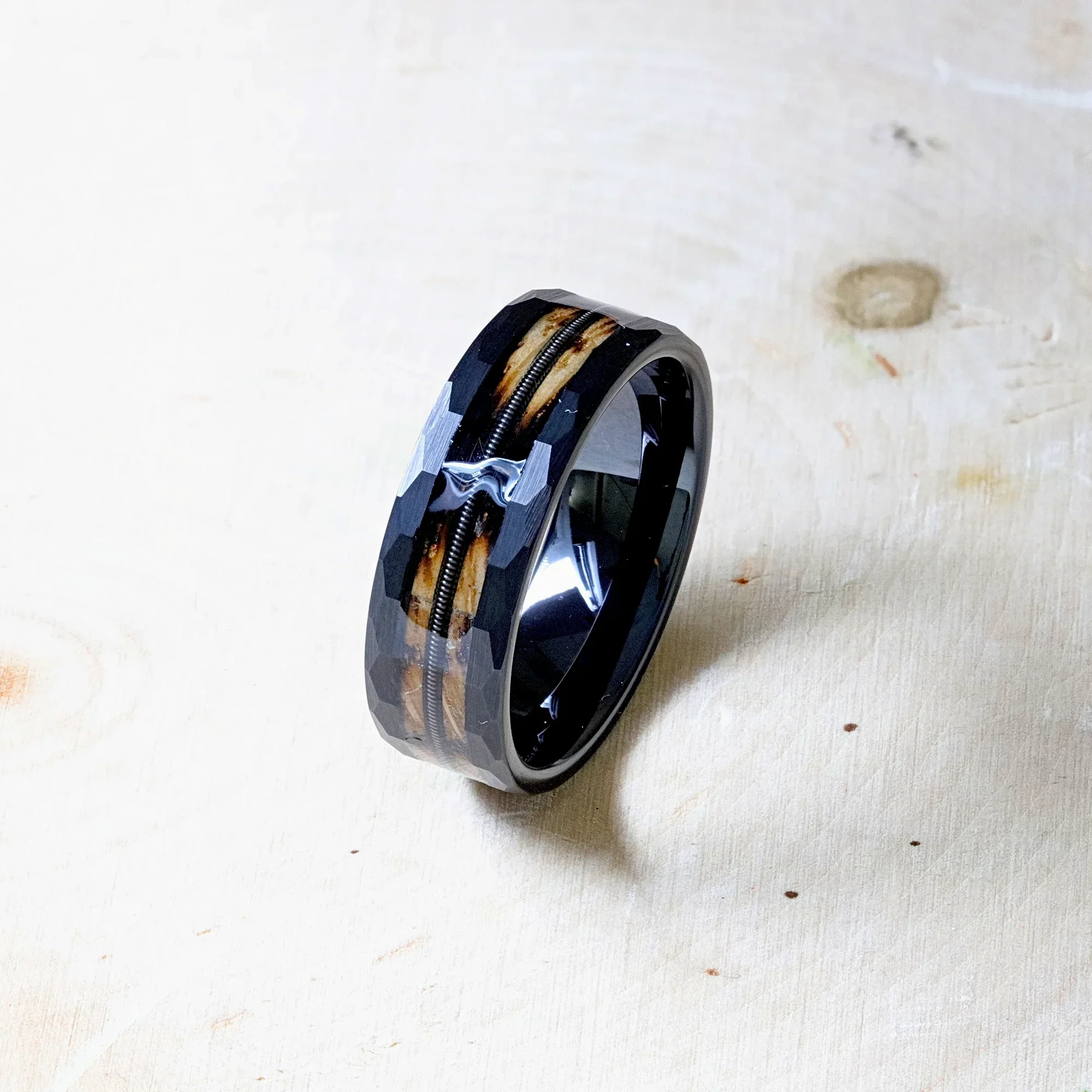 RIFF Black Tungsten Ring with Charred Whiskey Barrel Wood and Guitar String, 8mm - Image 6