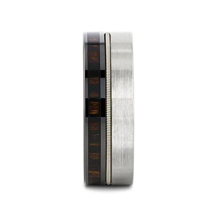 SLATE 8mm Tungsten & Black Ceramic Hybrid Ring with Steel Guitar String and Ebony Wood Inlay - Image 3