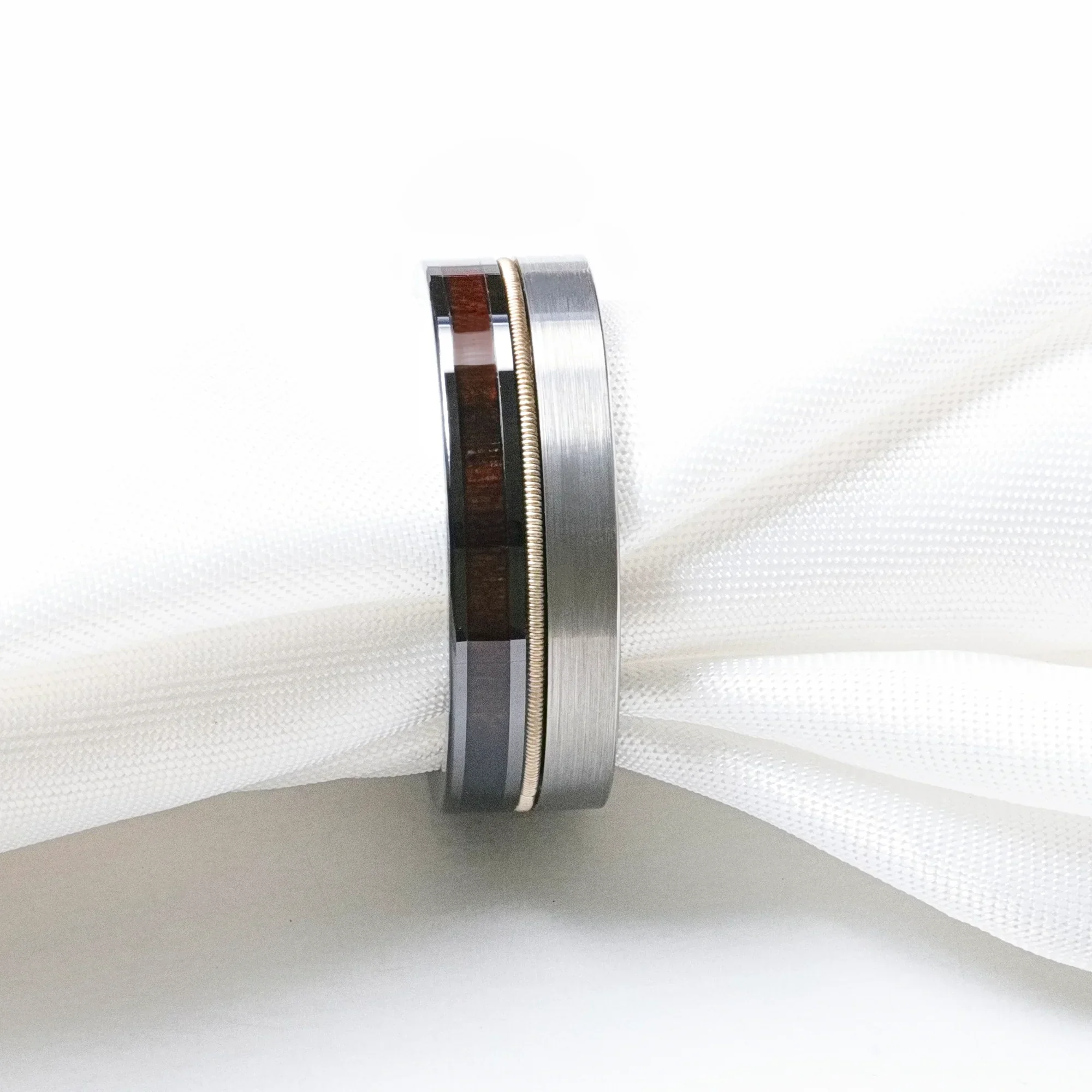SLATE 8mm Tungsten & Black Ceramic Hybrid Ring with Steel Guitar String and Ebony Wood Inlay - Image 5