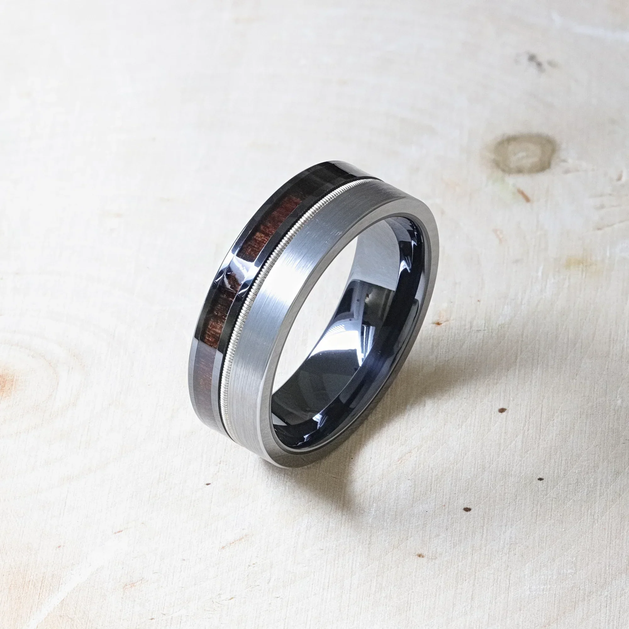 SLATE 8mm Tungsten & Black Ceramic Hybrid Ring with Steel Guitar String and Ebony Wood Inlay - Image 6