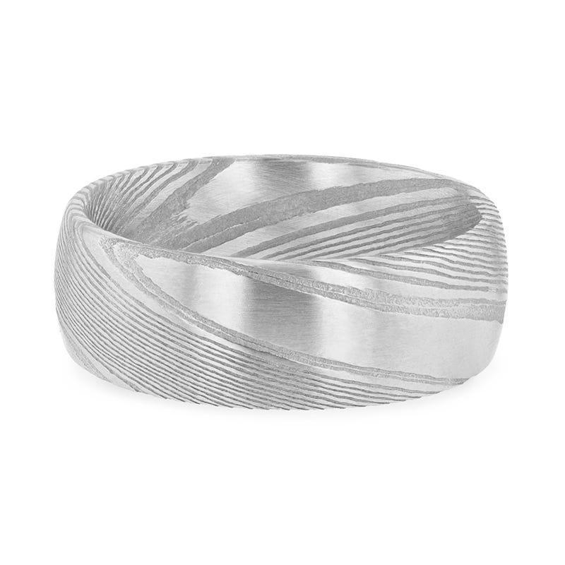 THEON Domed Brushed Damascus Steel Men’s Wedding Band with A Vivid Etched Design - 6mm & 8mm - Image 3