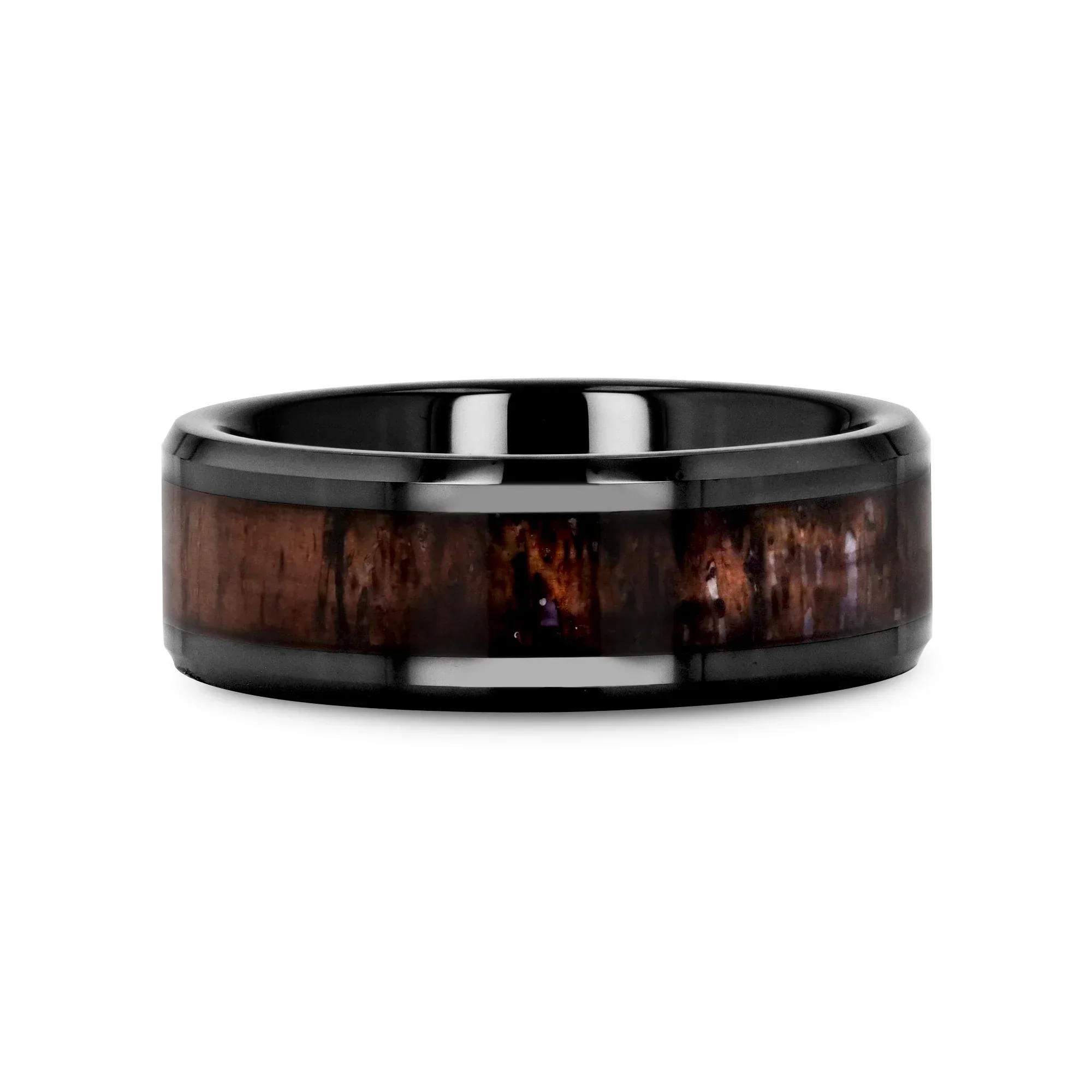TINE Black Ceramic Polished Beveled Men's Wedding Band with Dark Brown Antler Inlay - 6mm & 8mm - Image 3