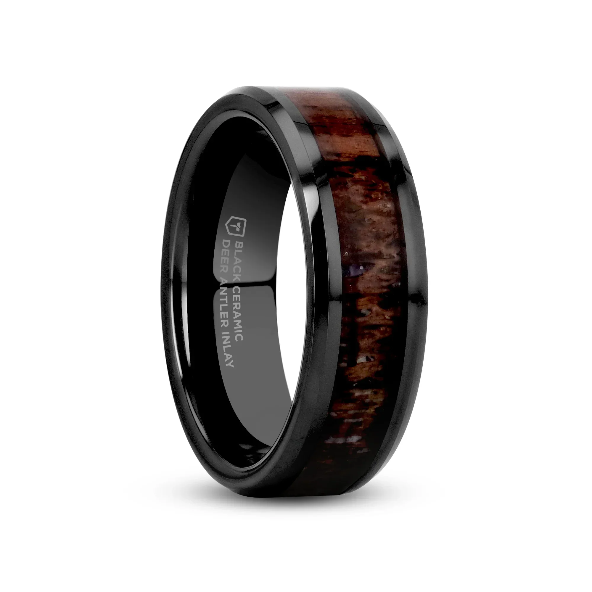 TINE Black Ceramic Polished Beveled Men's Wedding Band with Dark Brown Antler Inlay - 6mm & 8mm - Image 4