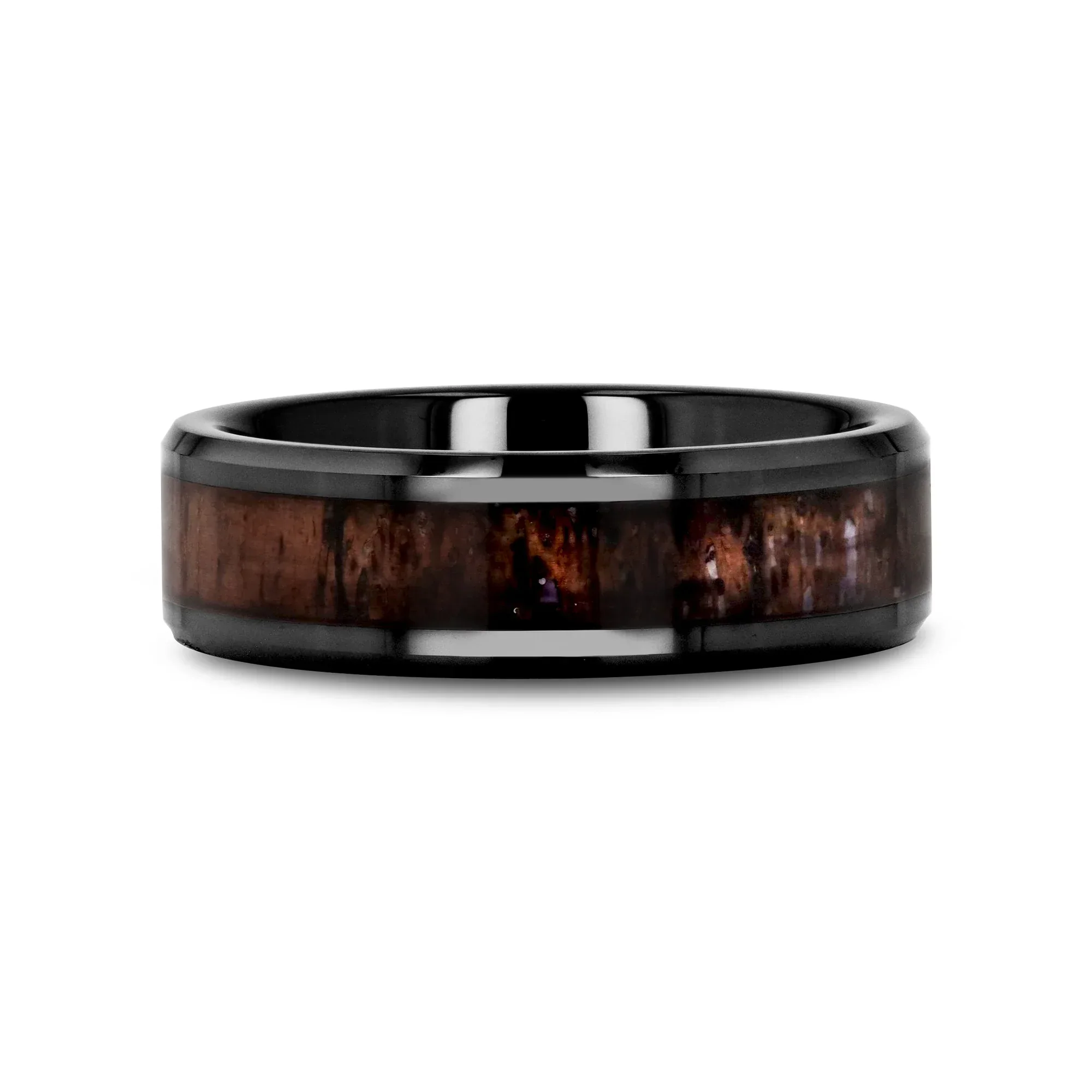 TINE Black Ceramic Polished Beveled Men's Wedding Band with Dark Brown Antler Inlay - 6mm & 8mm - Image 6