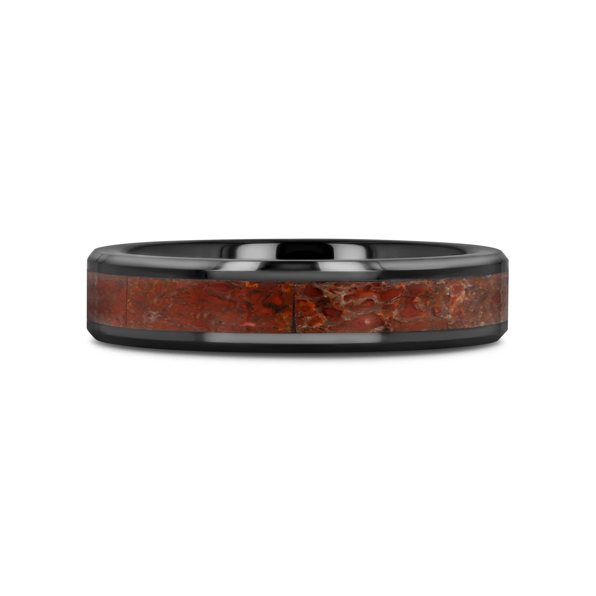 TRIASSIC Red Dinosaur Bone Inlaid Black Ceramic Beveled Edged Ring - 4mm & 8mm - Image 6