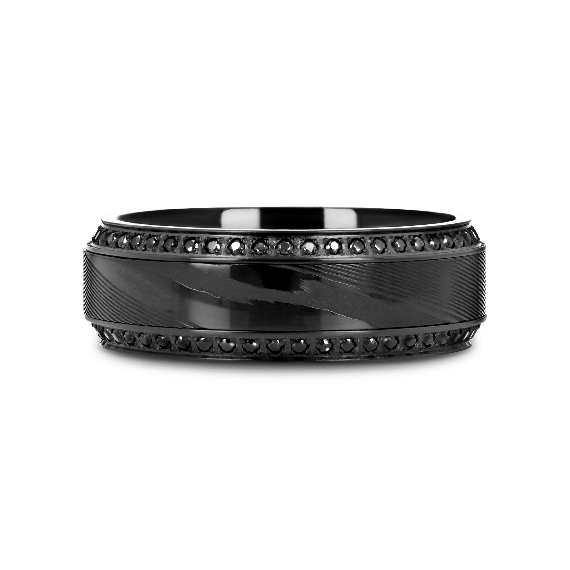 TROPHY Black Damascus Steel Inlaid Polished Black Titanium Men's Wedding Band With Black Sapphire Beveled Edges - 8mm - Image 3