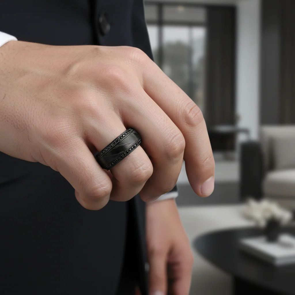 TROPHY Black Damascus Steel Inlaid Polished Black Titanium Men's Wedding Band With Black Sapphire Beveled Edges - 8mm - Image 4