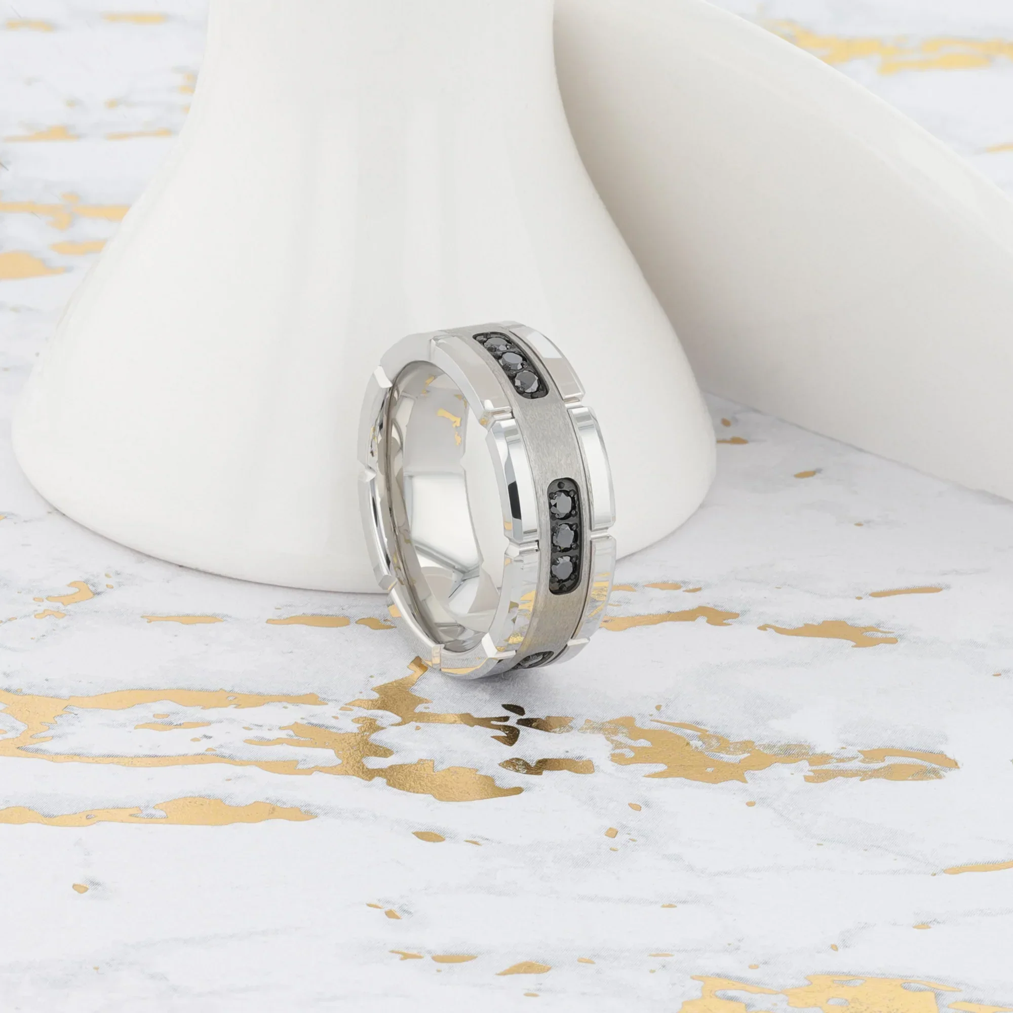 VALOR Grooved Tungsten Ring with Silver Inlay & Black Diamonds - 8mm - Image 10