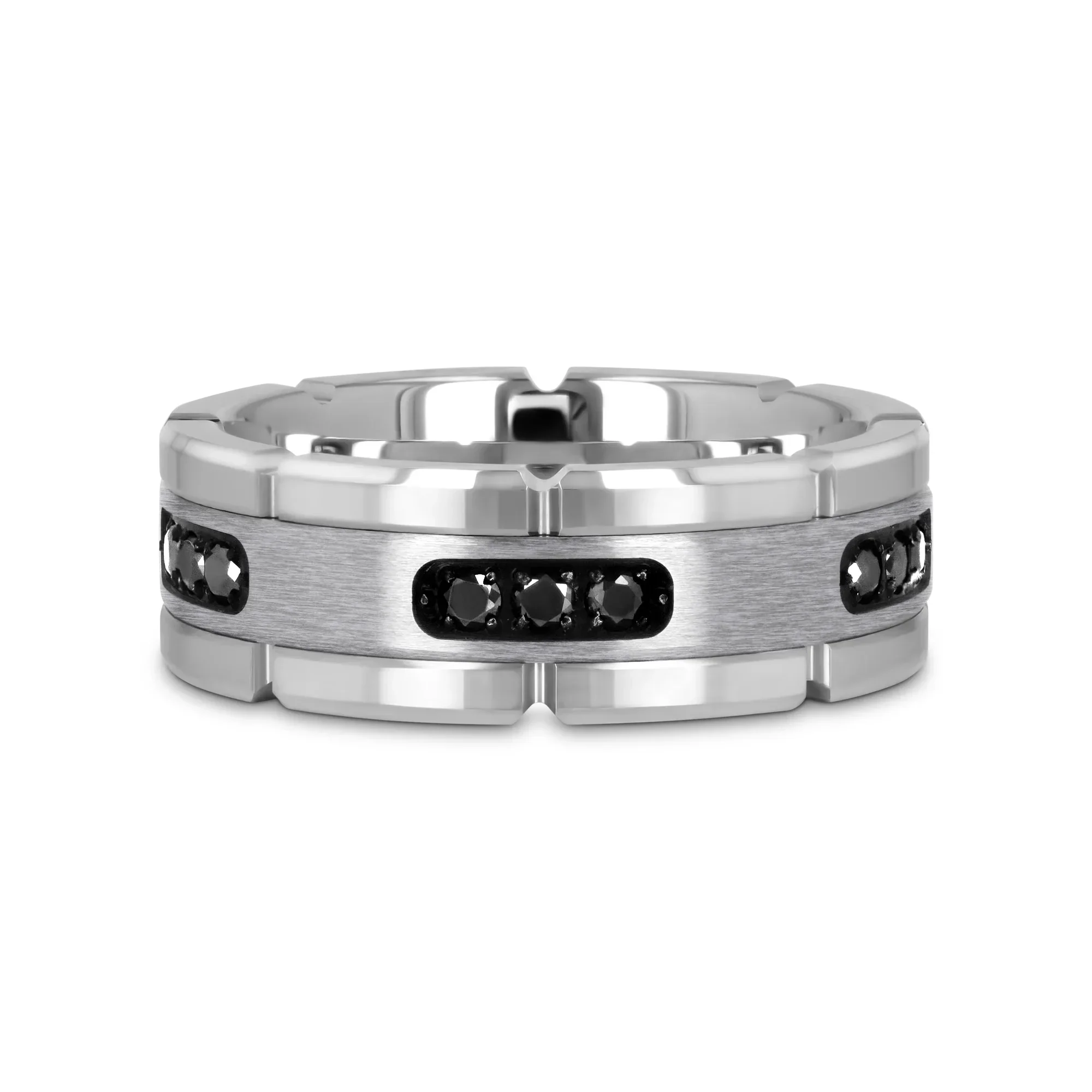 VALOR Grooved Tungsten Ring with Silver Inlay & Black Diamonds - 8mm - Image 3