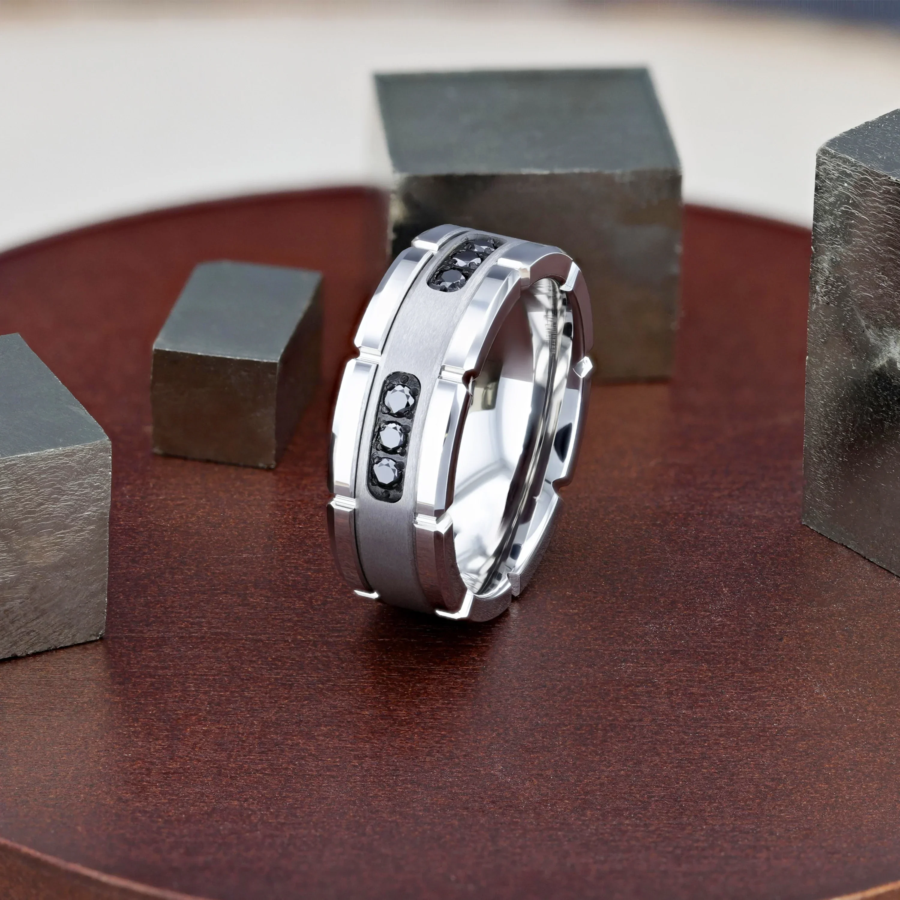 VALOR Grooved Tungsten Ring with Silver Inlay & Black Diamonds - 8mm - Image 4