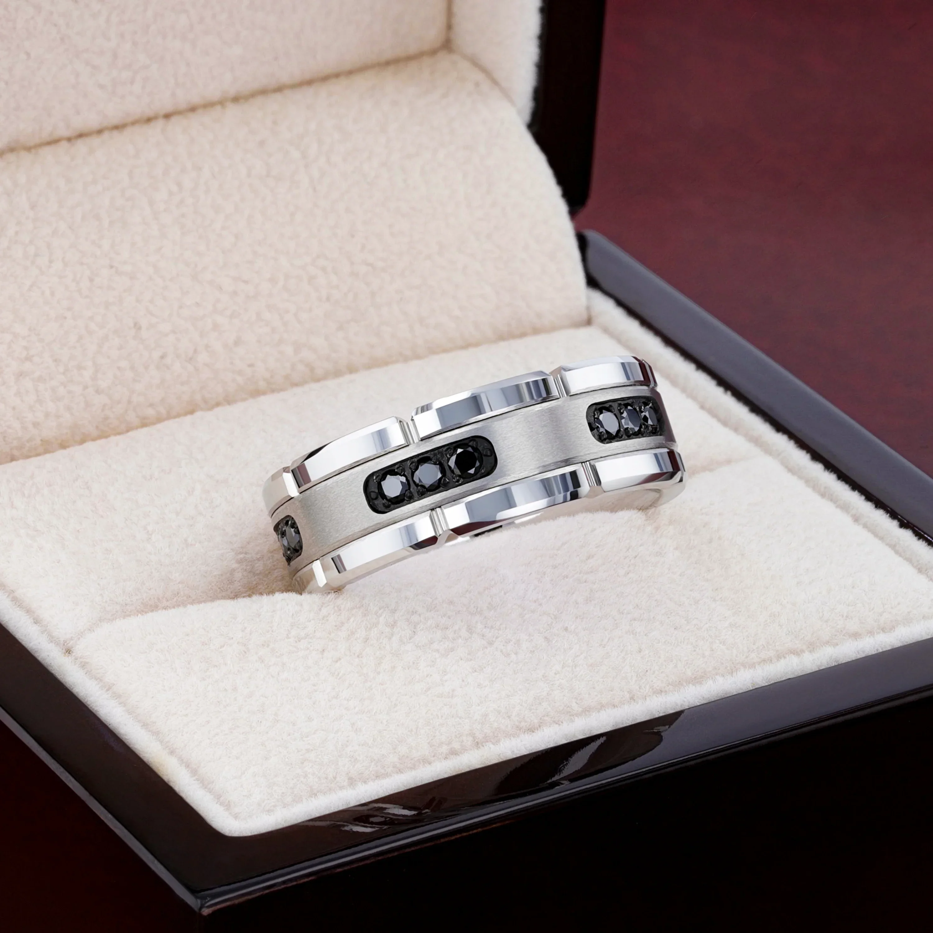 VALOR Grooved Tungsten Ring with Silver Inlay & Black Diamonds - 8mm - Image 6