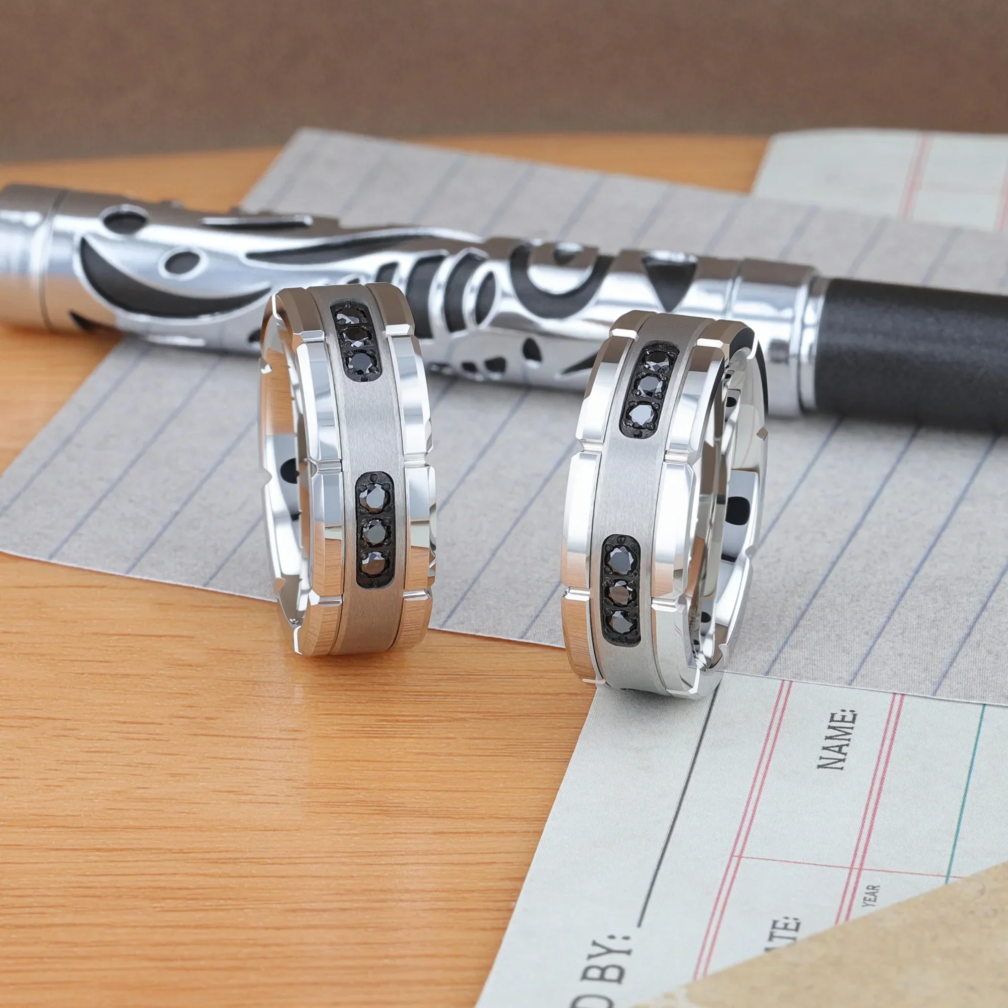 VALOR Grooved Tungsten Ring with Silver Inlay & Black Diamonds - 8mm - Image 8