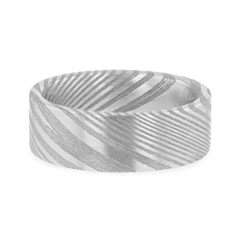 XANDER Grey Flat Brushed Damascus Steel Men’s Wedding Band with Vivid Etched Design - 6mm & 8mm - Image 3