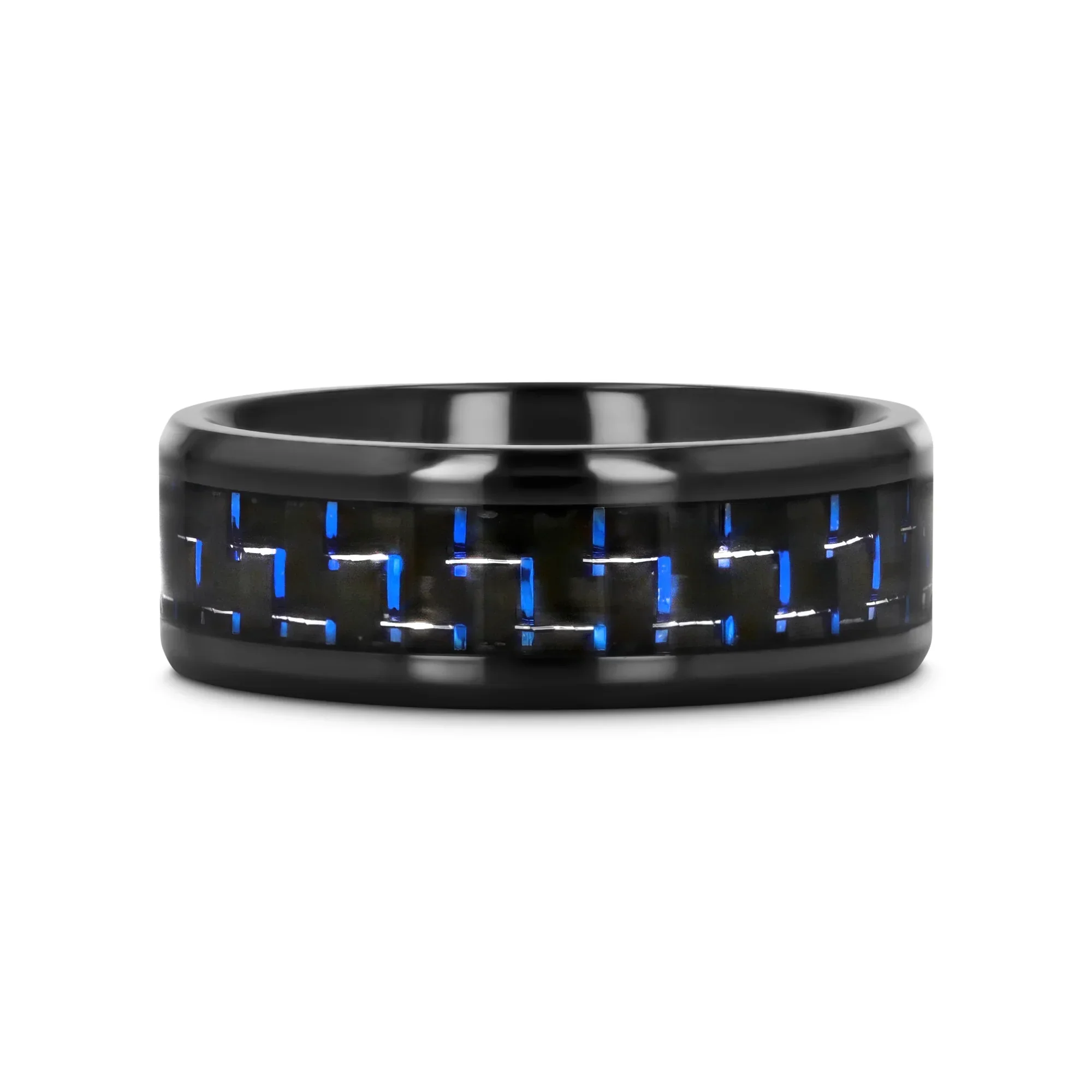 ZAYDEN Black Titanium Ring with Blue & Black Carbon Fiber Inlay and Bevels - 8mm - Image 3