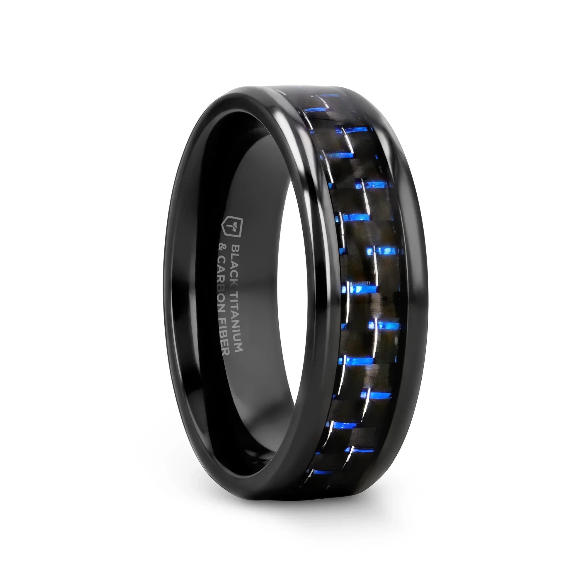 ZAYDEN Black Titanium Ring with Blue & Black Carbon Fiber Inlay and Bevels - 8mm - Image 4
