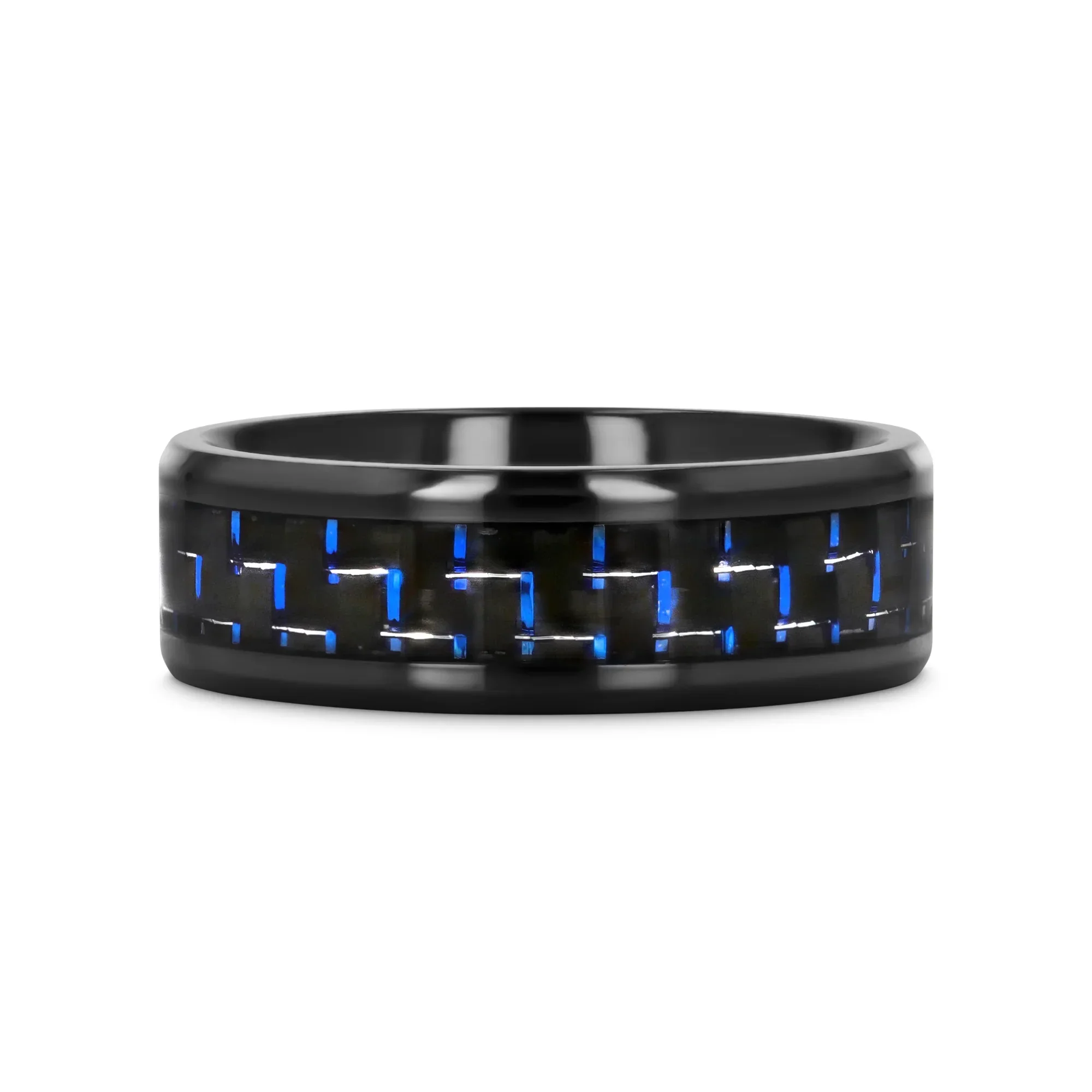 ZAYDEN Black Titanium Ring with Blue & Black Carbon Fiber Inlay and Bevels - 8mm - Image 6